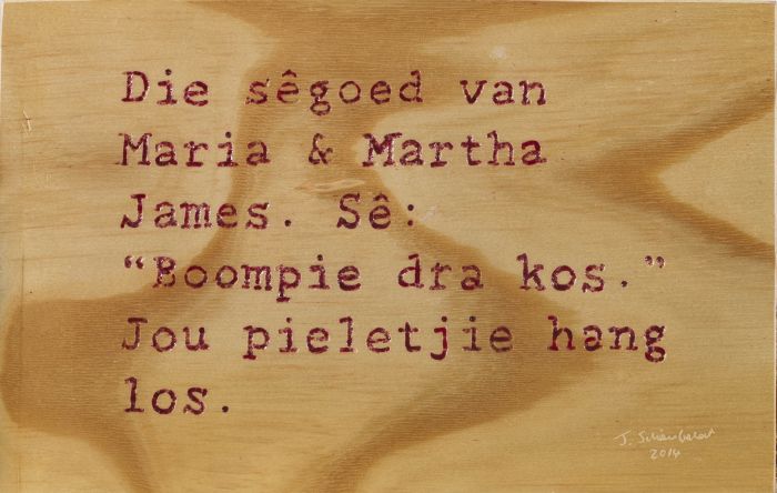 Click the image for a view of: Die Segoed van Maria & Martha James. 2014. Lacquer on engraved plywood
